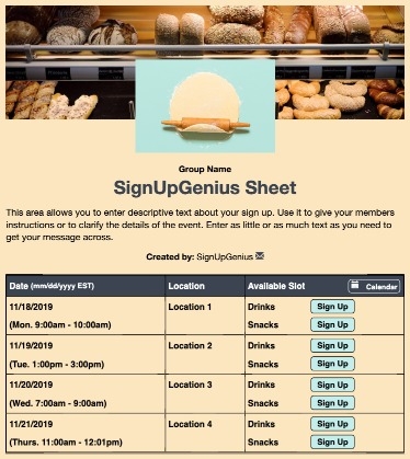 Bakery sign up sheet