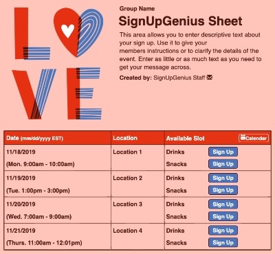 Love sign up sheet