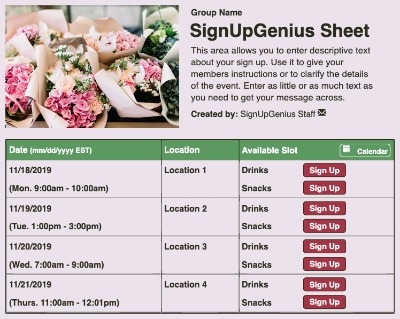 Bouquets of Flowers sign up sheet