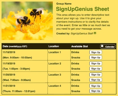 Bumble Bees sign up sheet