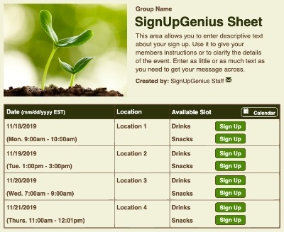 Budding Plant sign up sheet