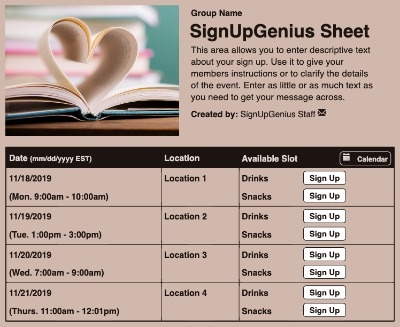 Reading Love sign up sheet