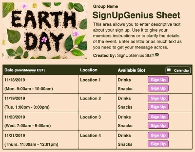 Earth Day Soil sign up sheet