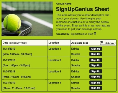 Tennis 3 sign up sheet