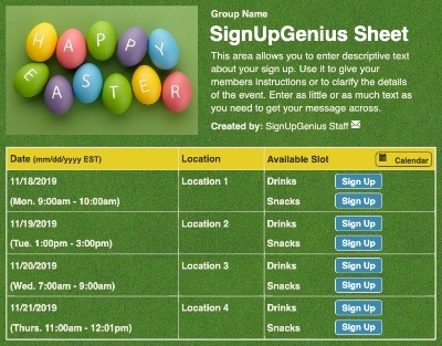 Happy Easter sign up sheet
