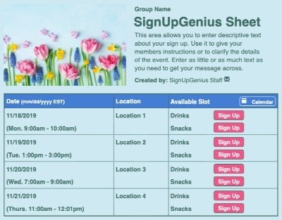 Flowers sign up sheet