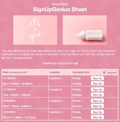 baby shower pink bottle girl footprints sign up form
