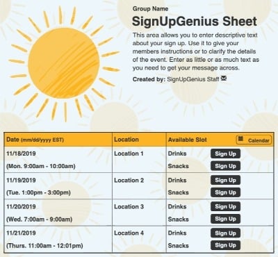 Summer Sun sign up sheet