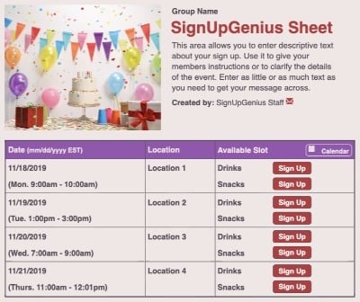 Birthday Party 2 sign up sheet
