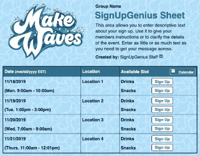Make Waves VBS 1 sign up sheet