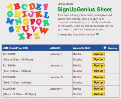 ABC's sign up sheet