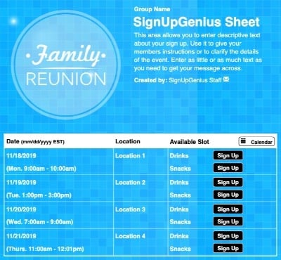 family reunion sign up form