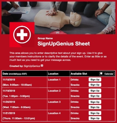 First Aid Training sign up sheet