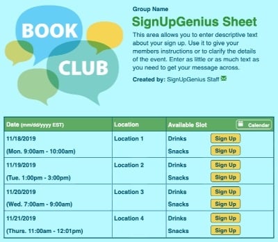 book club library school reading sign up form