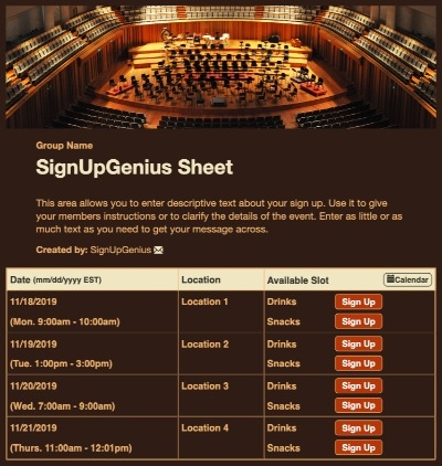 Concert Hall sign up sheet