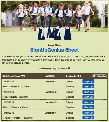 School Uniforms sign up sheet