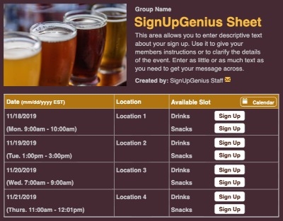 Beer Flight sign up sheet