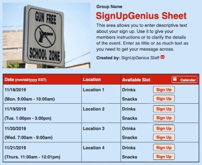 Gun Free School sign up sheet