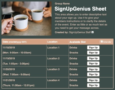 Coffee Chat sign up sheet