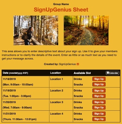 Fall Hike sign up sheet