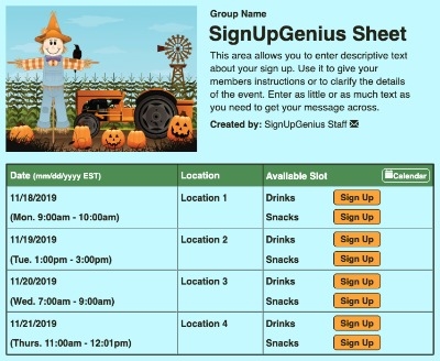 Pumpkin Patch Field Trip sign up sheet