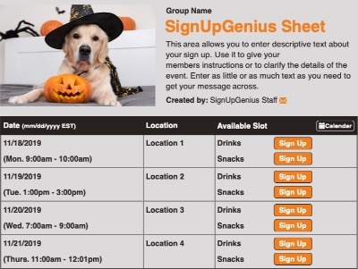 Halloween Pet Party sign up sheet
