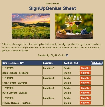 Winery Tour sign up sheet