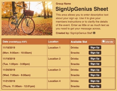 Fall Biking sign up sheet