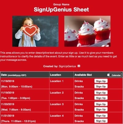 Valentine Class Party sign up sheet