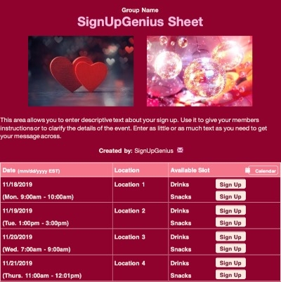 Sweetheart Dance sign up sheet