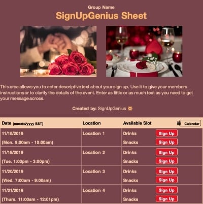 Table for Two Romantic sign up sheet