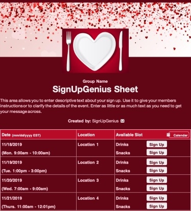 Valentine Dinner 3 sign up sheet