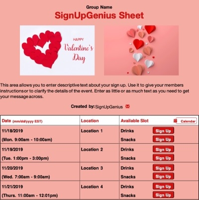 Valentine's Day 4 sign up sheet