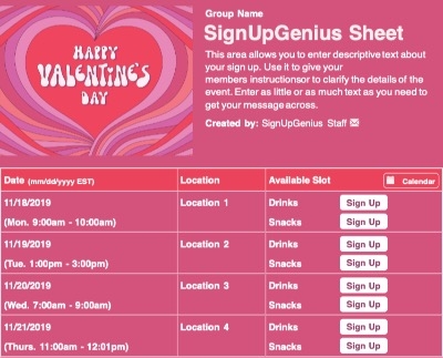 Happy Valentine's Day sign up sheet