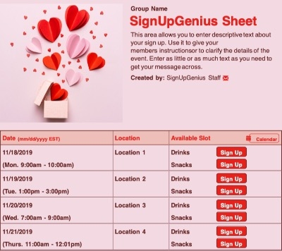 Valentine Box sign up sheet