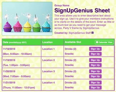 birthday parties party celebration anniversary sparklers cupcakes green yellow sign up form