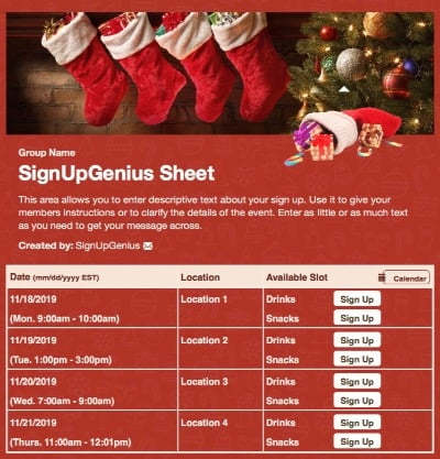 christmas tree stockings gifts presents sign up form