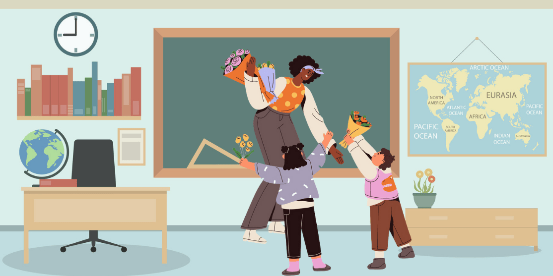 students giving their teacher a gift